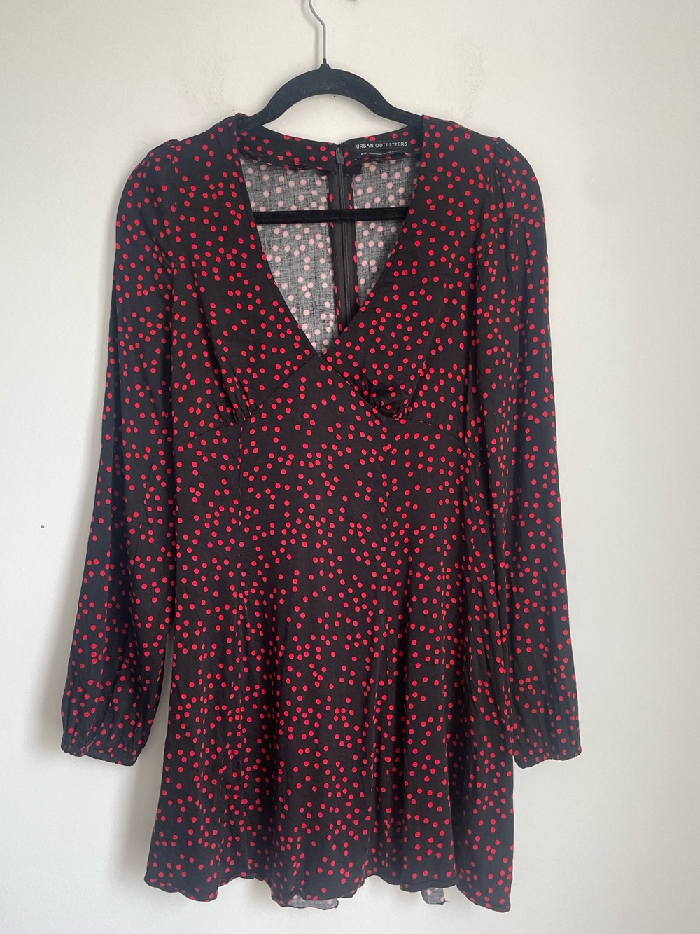 Urban Outfitters Long Sleeve Black and Red Polka Dot Mini Dress Size M Witchy
